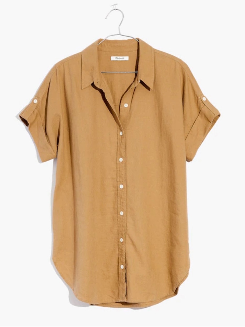 Madewell Linen Blend Courier Tunic Shirt Top Khaki Tan Short Sleeve Button Up S